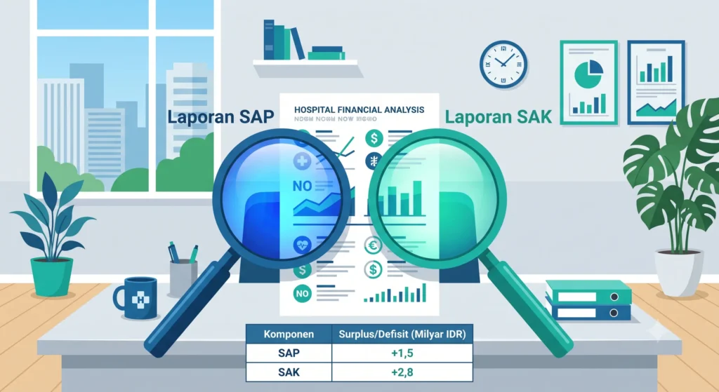 Ilustrasi dua lensa pembesar menyoroti dokumen keuangan yang mewakili laporan SAP dan SAK di rumah sakit BLU.
