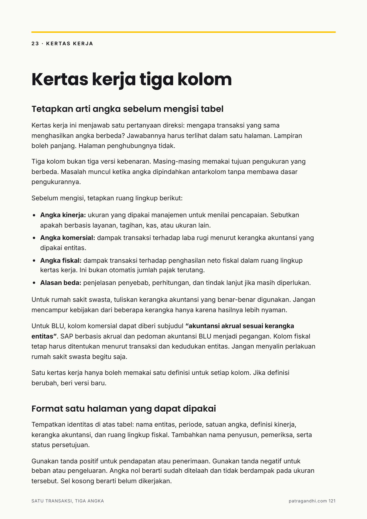 Cuplikan Buku: Halaman 121 — Format Kertas Kerja Tiga Kolom Penjelasan Selisih